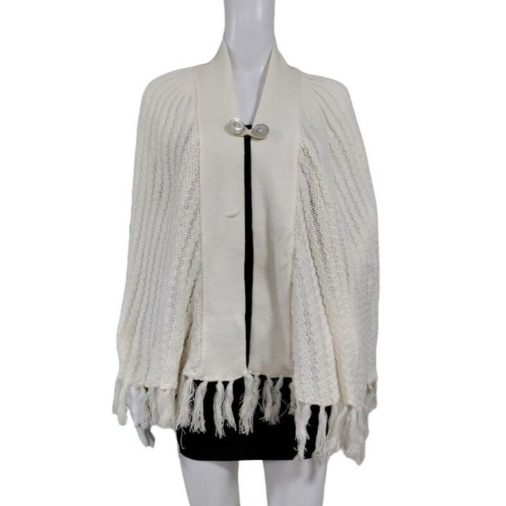 Vintage Open Arms Trim Hem Knit Button Front Shawl Sweater Off White Women's - Picture 3 of 6